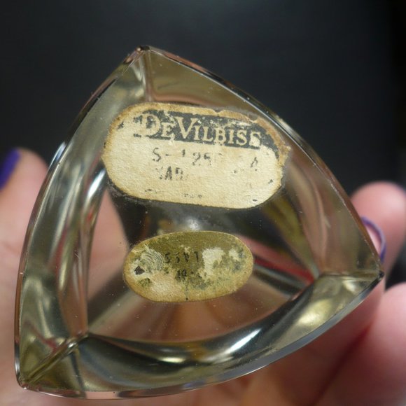 VINTAGE Triangle De Vilbiss Crystal PERFUME BOTTLE Brass Atomizer - Picture 5 of 9